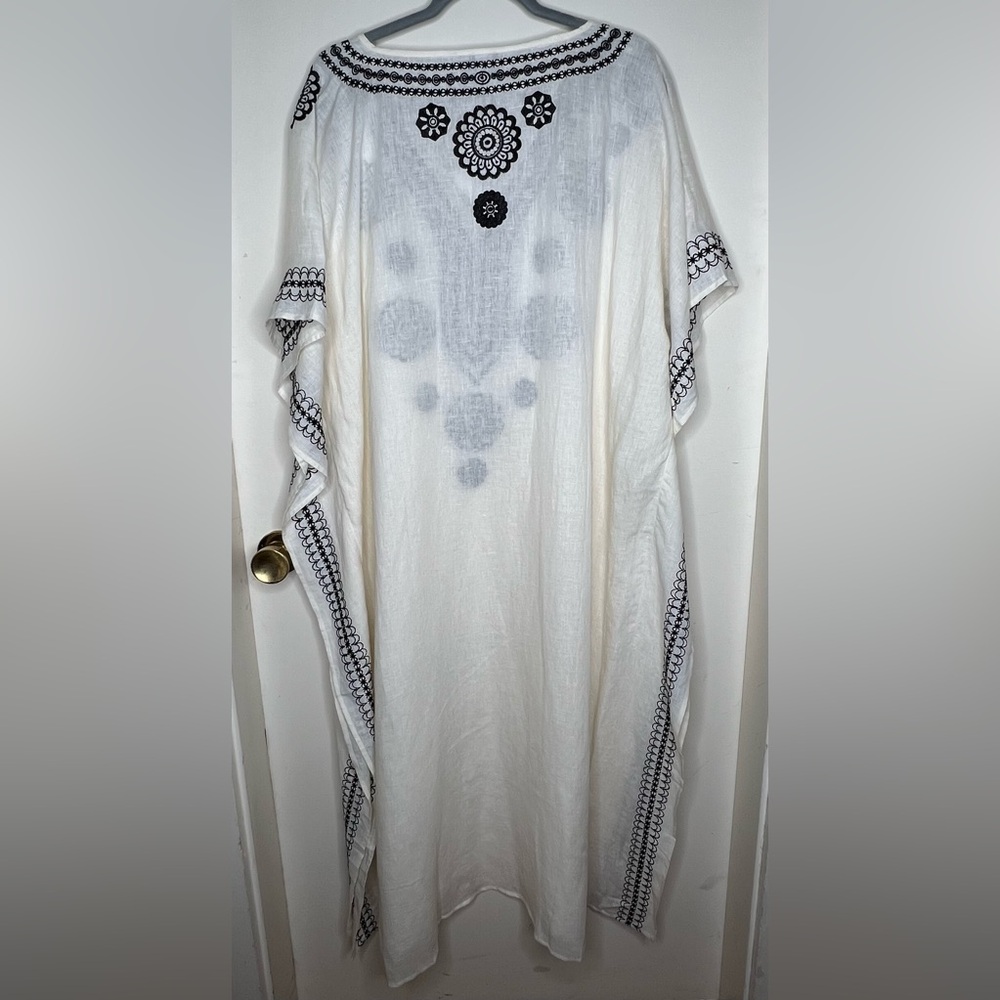 Echo Cream Linen Blend Amalfi Caftan W/Black Embroidery, Sz XL, NWT - Picture 4 of 8